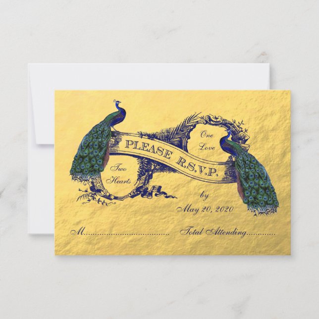 Gold Peacock Wedding RSVP Card (Front)