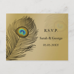 gold peacock wedding rsvp invitation postcard