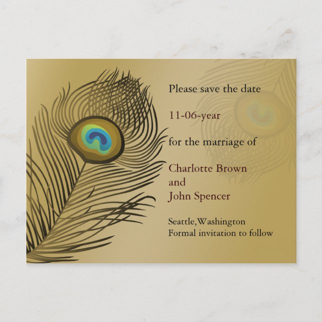 gold peacock wedding save the date announcement postcard (Front)