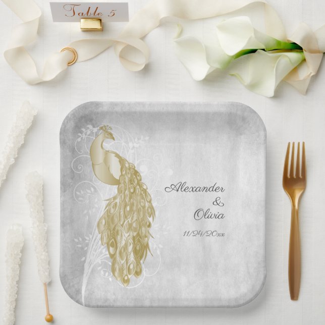 Gold Peacock Wedding Shower Paper Plates (Wedding)