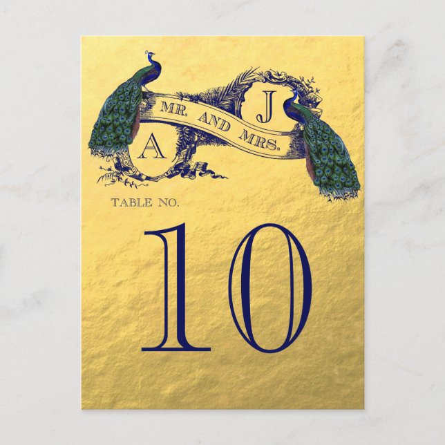 Gold Peacock Wedding Table Number Postcard (Front)