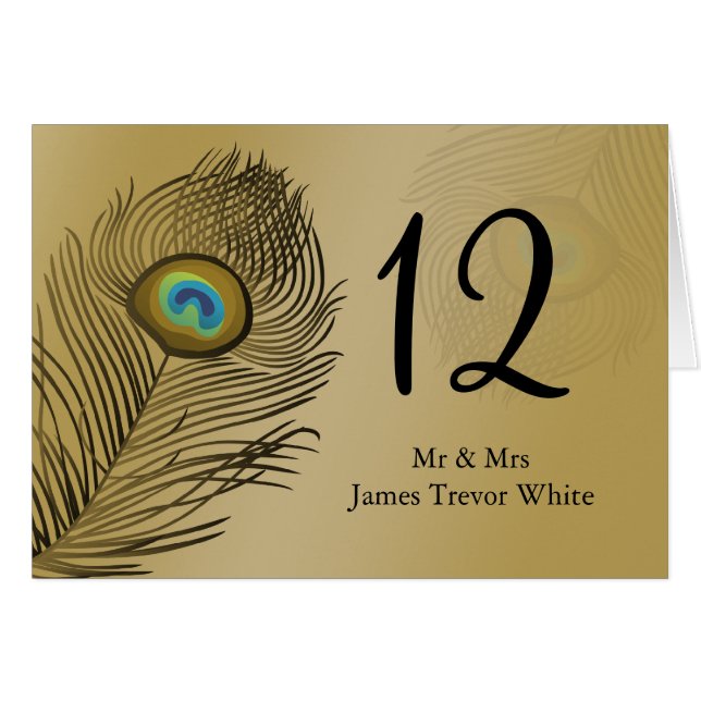 gold peacock wedding table seating card (Front Horizontal)