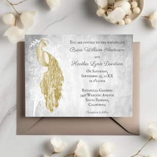 Gold Peacock White Botanical Wedding Invitation