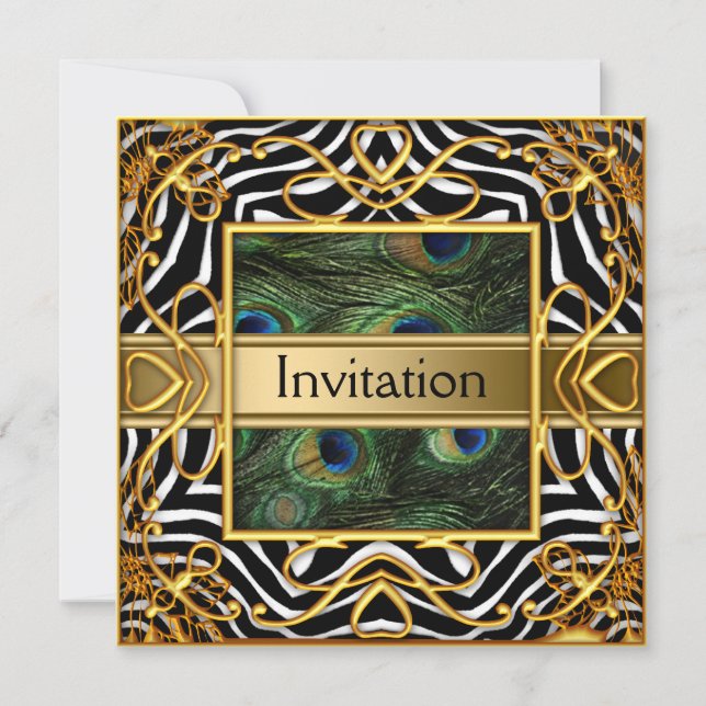Gold Peacock Zebra Invitation N'importe quelle par (Devant)