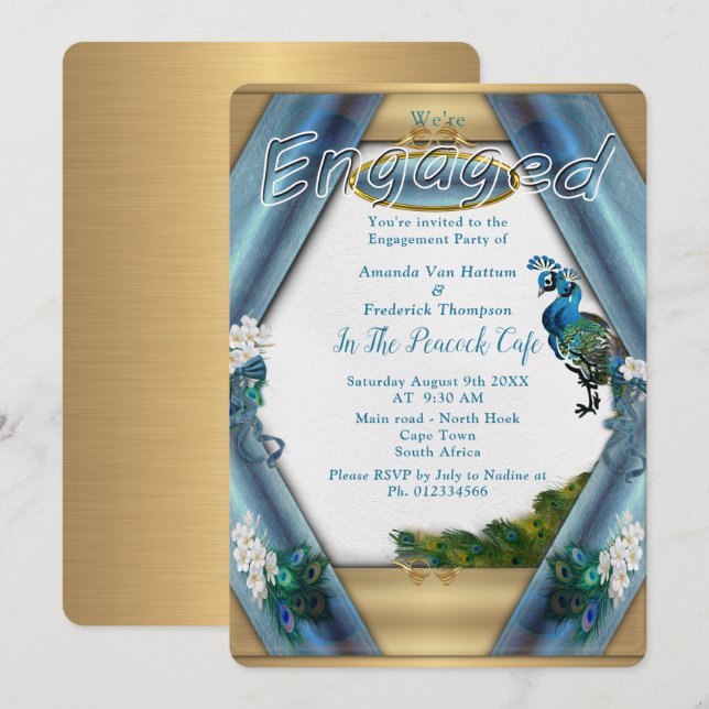 Gold, Peacocks, Feathers & Emerald Green Silk Invitation (Front/Back)