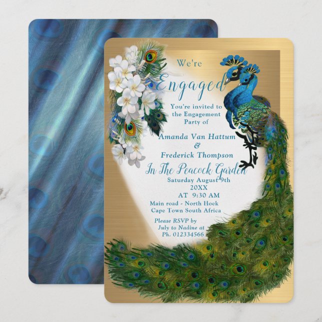 Gold, Peacocks, Feathers  on Emerald Green Silk Invitation (Front/Back)