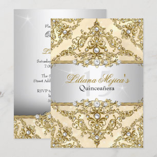 Gold Pearl Damask Quinceanera Invitation