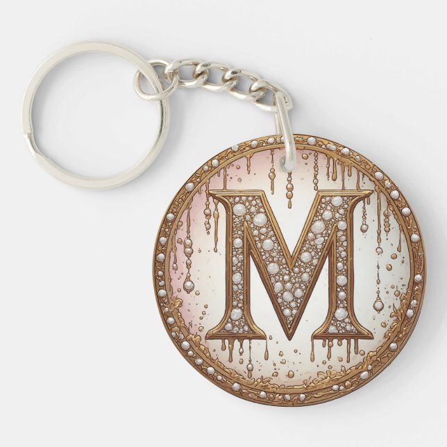 Gold Pearl Initial M Anniversary Gift Keychain (Front)