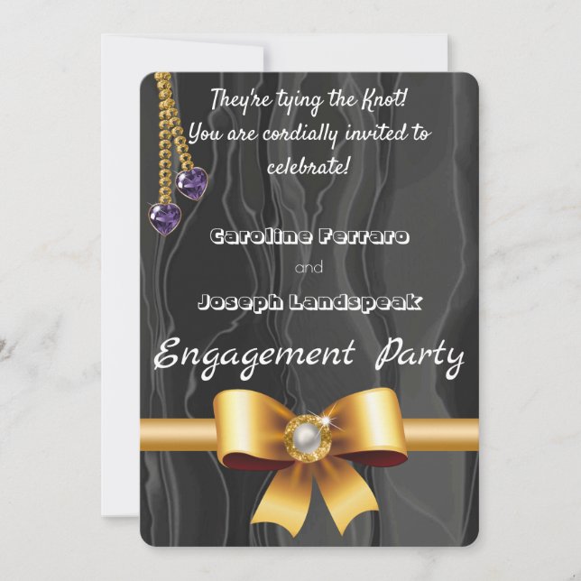 Gold Pearl Ribbon, Hearts Gems Chain on Black Silk Invitation (Front)
