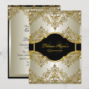 Gold Pearl Vintage Glamor Quinceanera Invitation 2