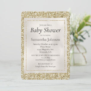 Gold Pearl White Glitzy Glitter Baby Shower Invitation