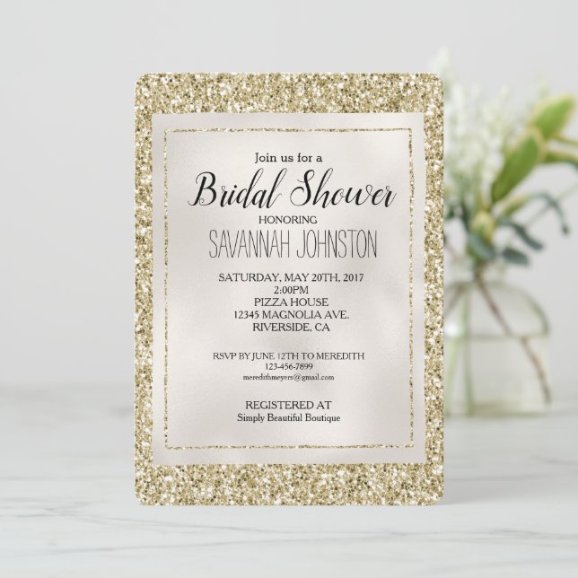 Gold Pearl White Glitzy Glitter Invitation (Standing Front)