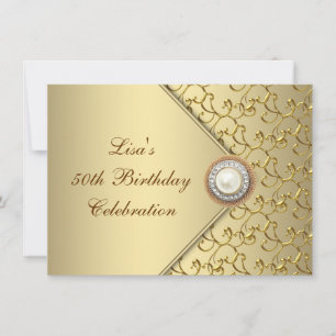 Gold Pearl Womans 50th Birthday Party Invitation
