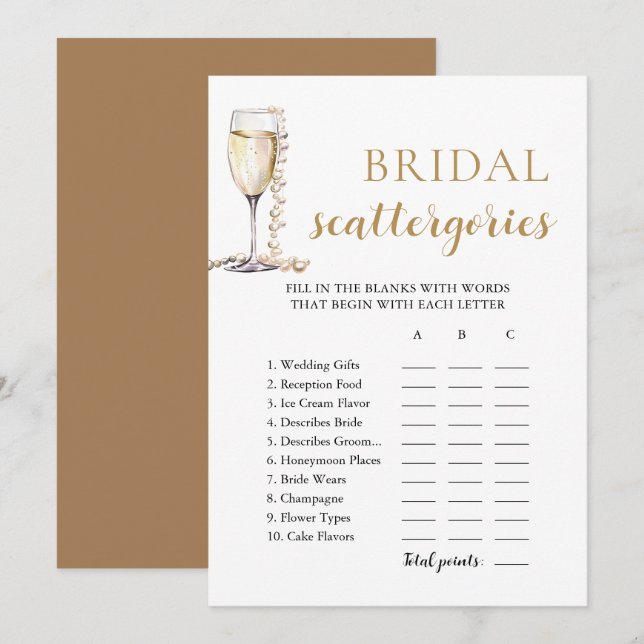 Gold Pearls and Prosecco Bridal Scattegories Game Invitation (Front/Back)