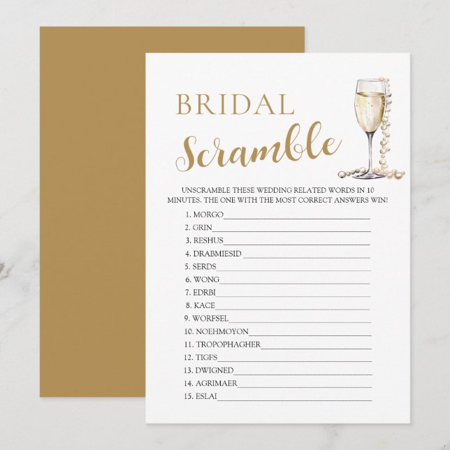 Gold Pearls and Prosecco Bridal Word Scramble Game Invitation (Front/Back)