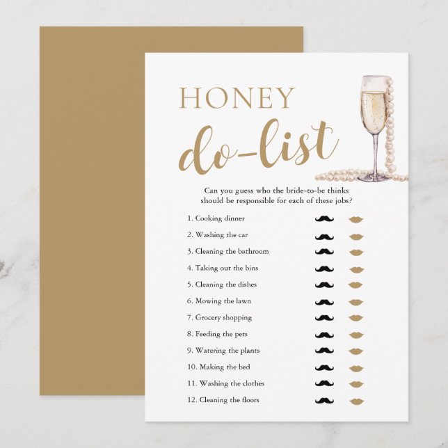 Gold Pearls and Prosecco Honey Do List Bridal Game Invitation (Front/Back)