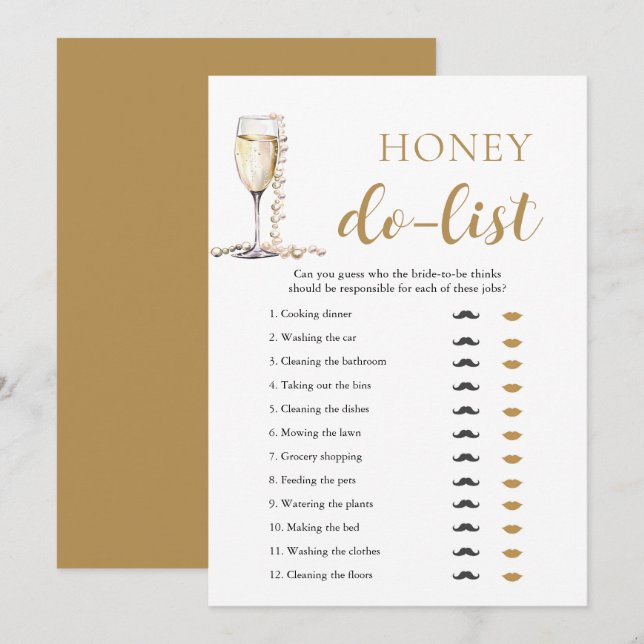 Gold Pearls and Prosecco Honey Do List Bridal Game Invitation (Front/Back)