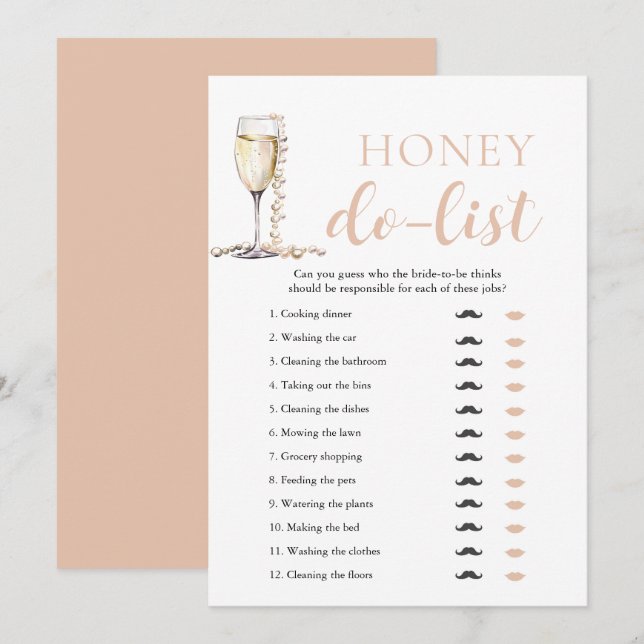 Gold Pearls and Prosecco Honey Do List Bridal Game Invitation (Front/Back)