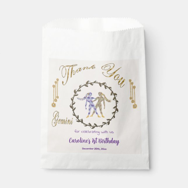 Gold & Pearls Gemini 1st Birthday Thank You Favour Bag (Front)