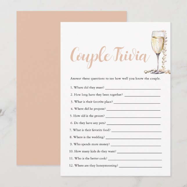 Gold Pearls & Prosecco Couple Trivia Bridal Game  Invitation (Front/Back)