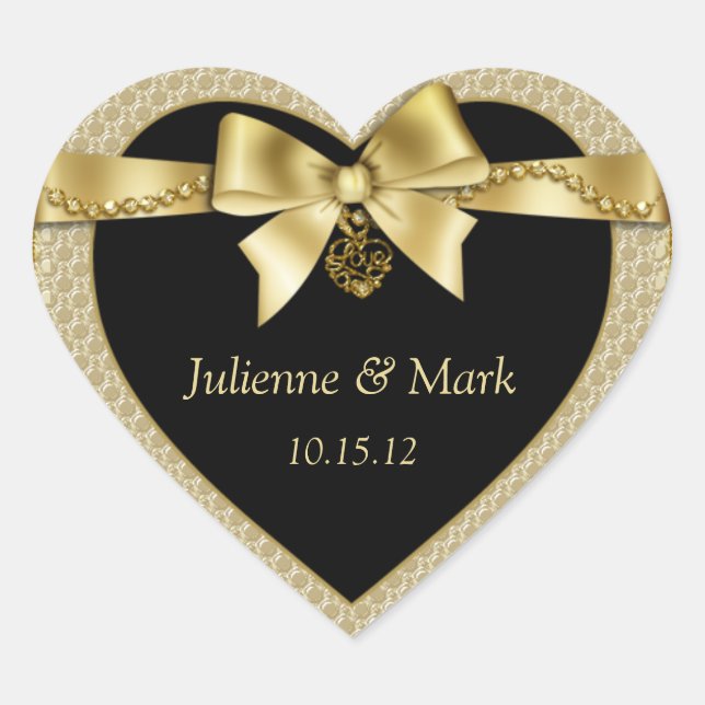 Gold Pearls Ribbon on Black Heart Sticker (Front)