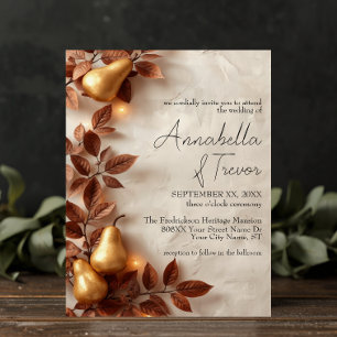 Gold Pears & Olive Leaves Autumn Wedding Invitation