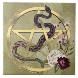 Gold Pentacle and Snake with Roses Pagan Altar Tile