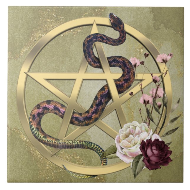 Gold Pentacle and Snake with Roses Pagan Altar Tile (Front)