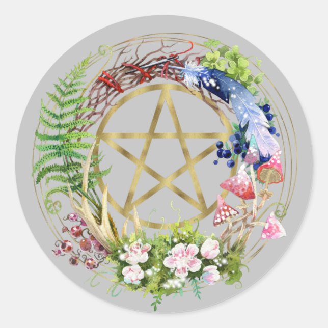 Gold Pentacle Nature Wreath Flowers Bohemian  Classic Round Sticker (Front)