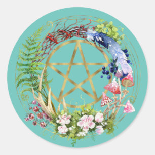 Gold Pentacle Nature Wreath Flowers Bohemian  Classic Round Sticker