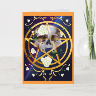 Gold Pentagram-Skull-White Roses Card