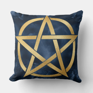 Gold Pentagram Symbol on Blue Throw Pillow