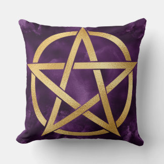 Gold Pentagram Symbol on Purple Throw Pillow