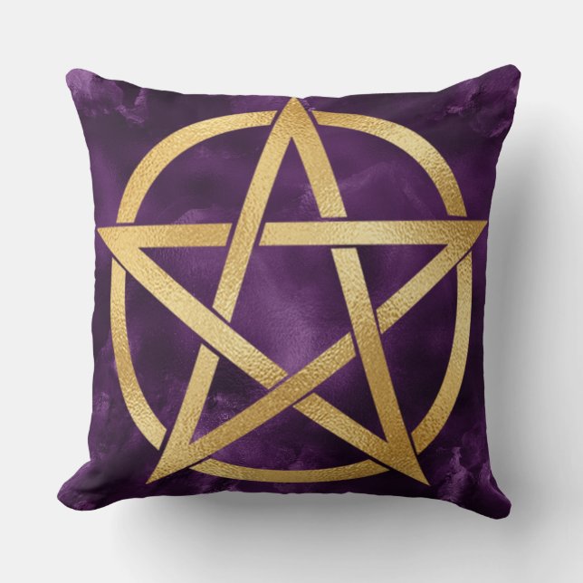 Gold Pentagram Symbol on Purple Throw Pillow (Front)