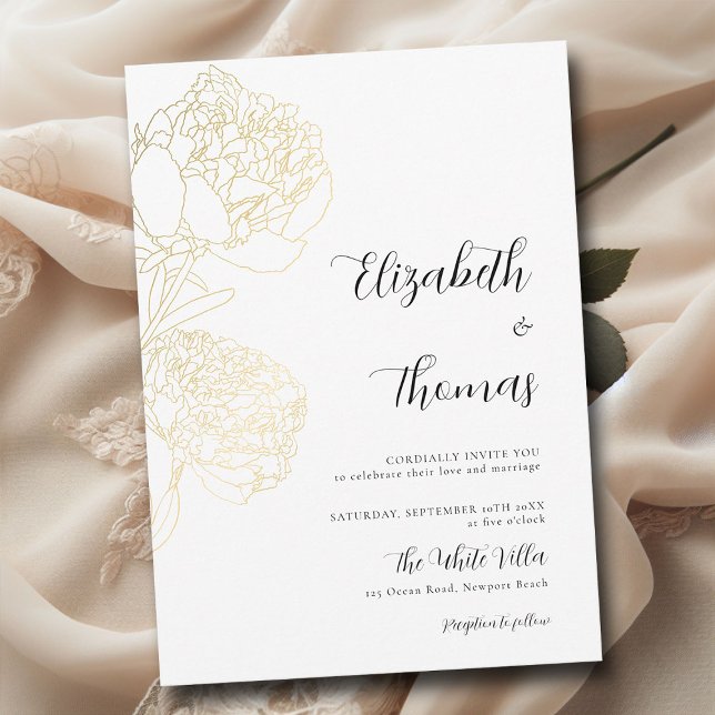 Gold Peonies Romance Elegant Floral Sketch Wedding Invitation (gold peonies floral sketch modern classic wedding invitation romantic elegant boho formal)