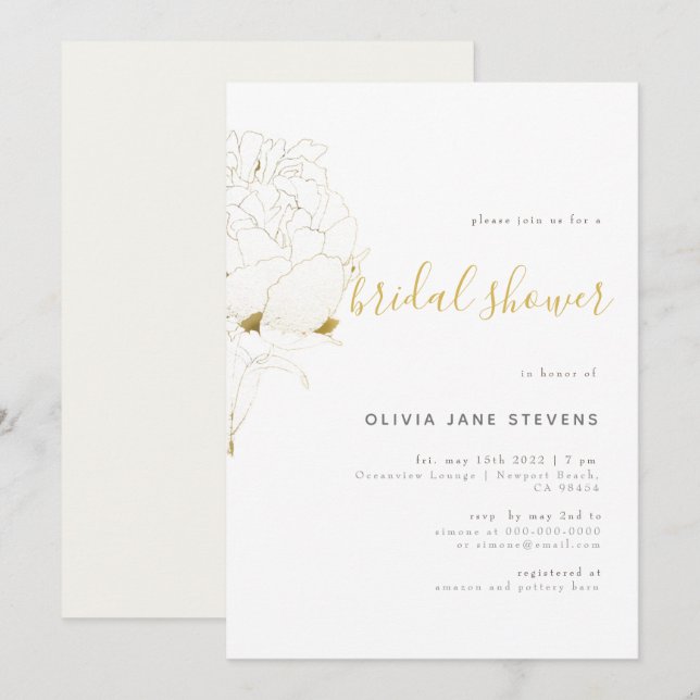 Gold Peony Elegant Floral Sketch BW Bridal Shower Invitation (Front/Back)