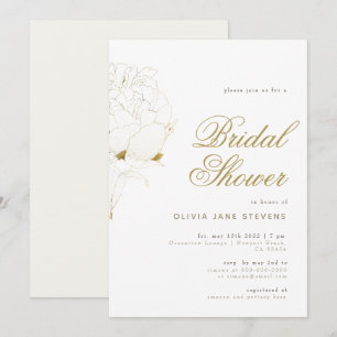 Gold Peony Elegant Script Floral BW Bridal Shower Invitation