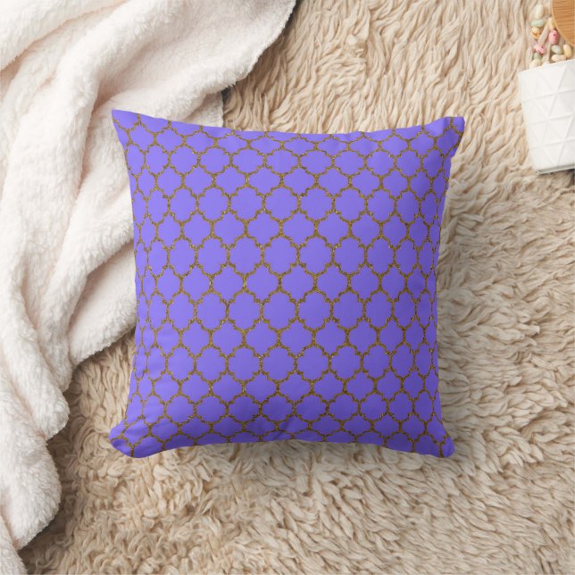 Gold Periwinkle Blue Quatrefoil Pillow (Blanket)