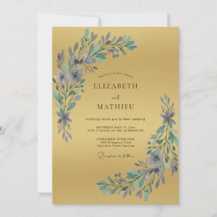 Gold Periwinkle Leafy Wedding Invitation
