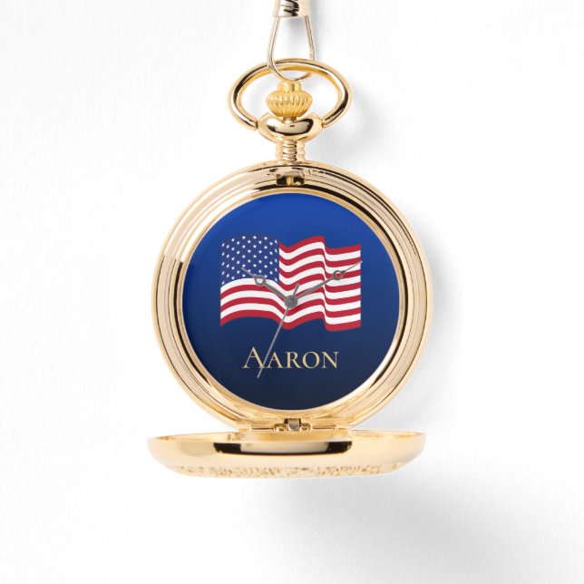 Gold Personalized American Flag Pocket Watch  (Front)