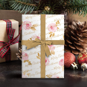 Gold  Personalized Merry Christmas Script Floral Wrapping Paper