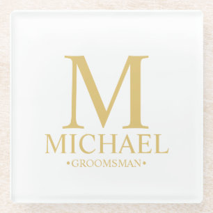 Gold Personalized Monogram and Name Groomsman Glass Coaster