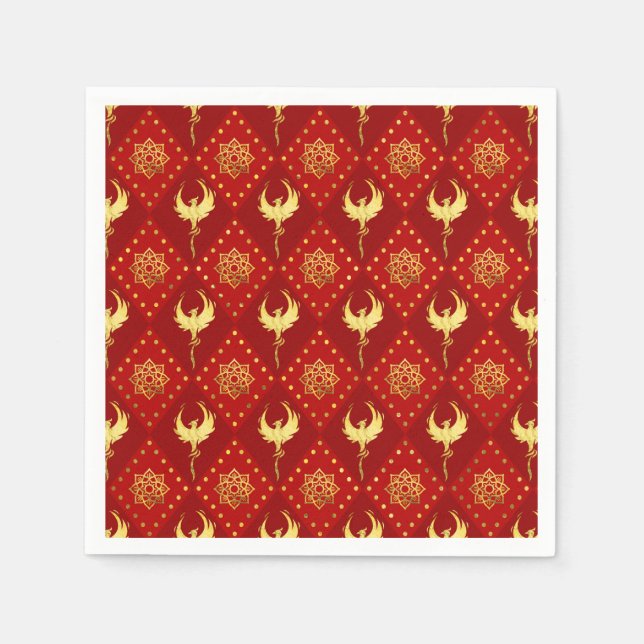 Gold Phoenix and lotus symbol pattern on red Napkin (Front)