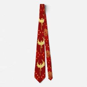 Gold Phoenix and lotus symbol pattern on red Tie