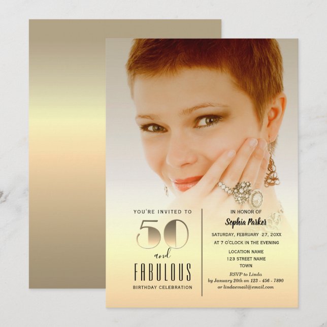 Gold Photo 50th Birthday Invitation (Front/Back)