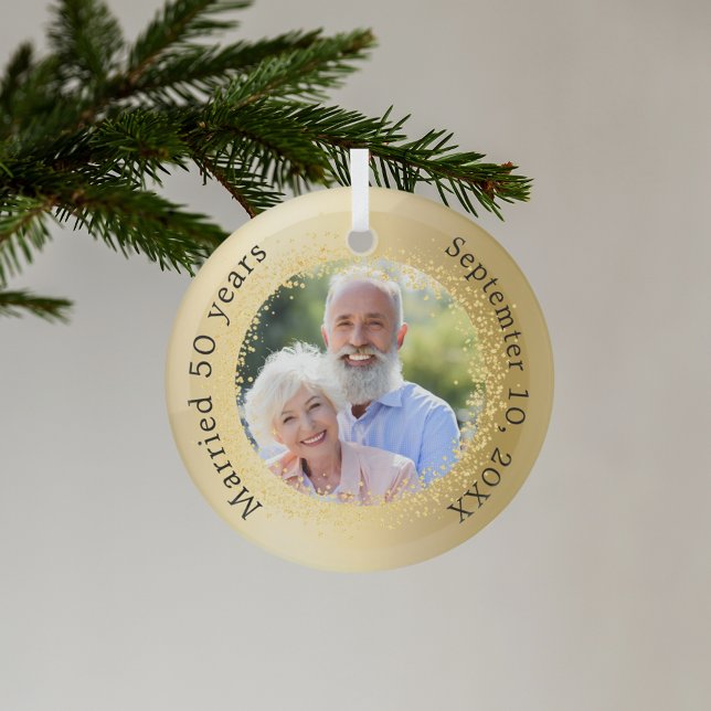 Gold photo 50th wedding anniversary glass ornament (Creator Uploaded)