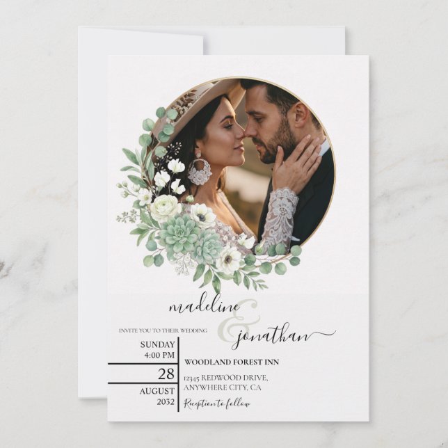 Gold Photo Botanical Wedding Invitation (Front)