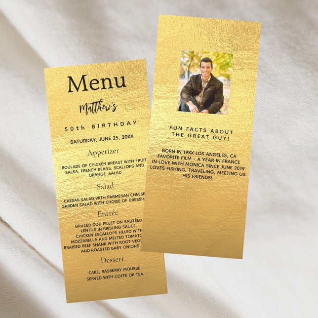 Gold photo fun facts birthday menu card (Creator Uploaded)