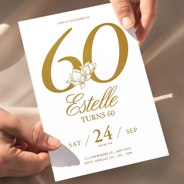 Gold Photo Save The Date 60th Birthday Invitation (60th birthday invitation white gold, elegant floral birthday invite, minimalist gold birthday invita)