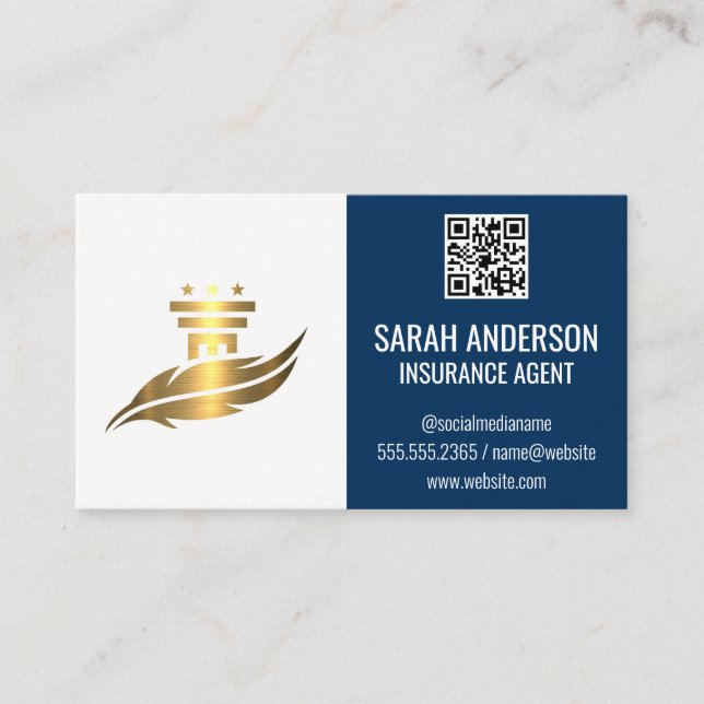 Gold Pillar Feather Logo | QR Scan Code Business Card (Front)